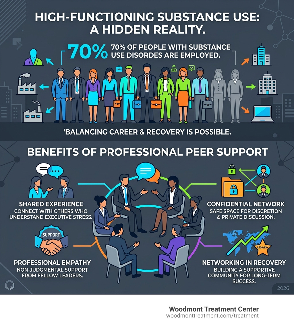 Infographic showing that 70 percent of people with substance use disorders are employed and the benefits of professional