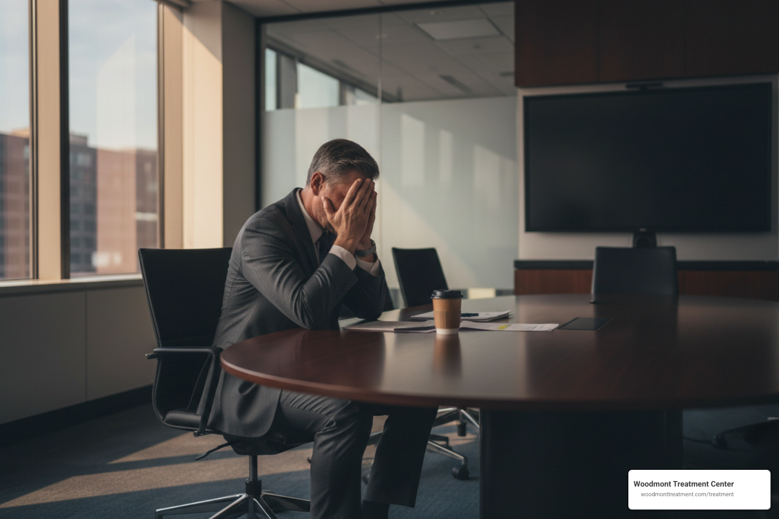 Stressed professional in a boardroom setting contemplating their health - Executive Rehab Program New Jersey 