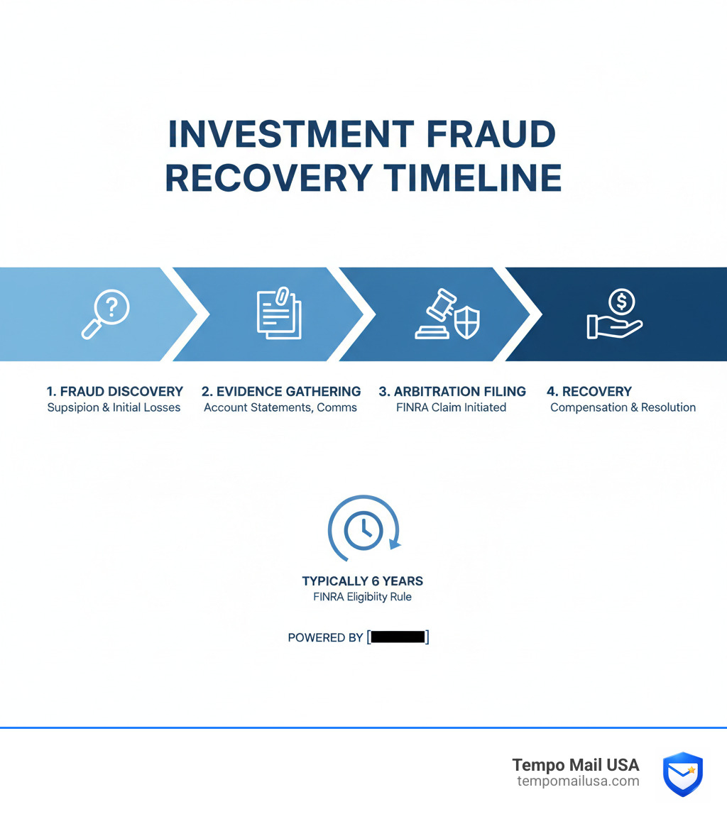 Timeline infographic from fraud discovery through evidence gathering to FINRA arbitration filing and recovery - investment