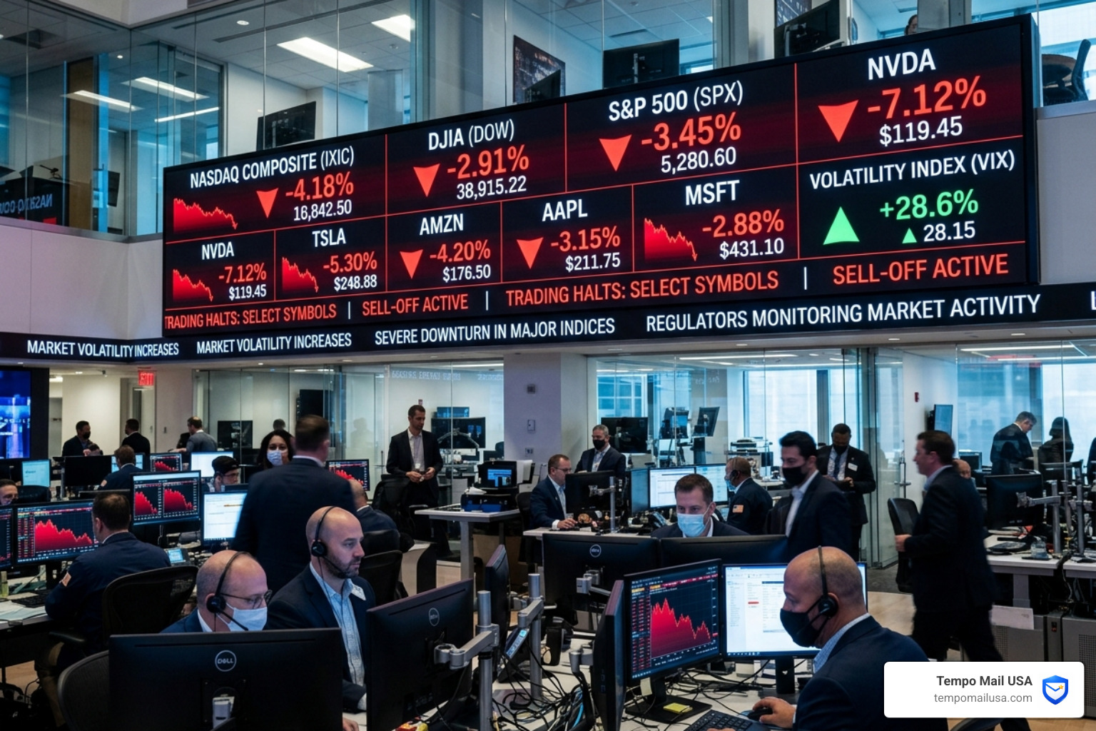 Digital stock market ticker showing sharp red downward trends signifying market volatility and potential fraud - investment