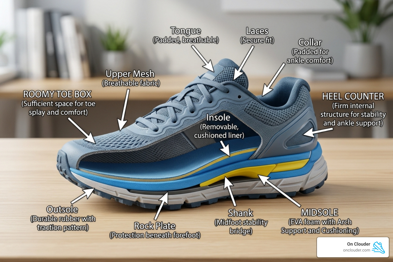 Anatomy of a supportive shoe highlighting the midsole, heel counter, and toe box - good shoes to wear when standing all day
