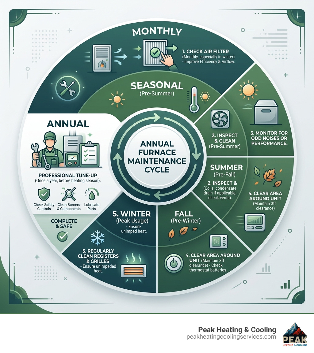Annual furnace maintenance cycle infographic showing monthly filter checks, seasonal inspections, and annual professional Annual furnace maintenance cycle infographic showing monthly filter checks, seasonal inspections, and annual professional