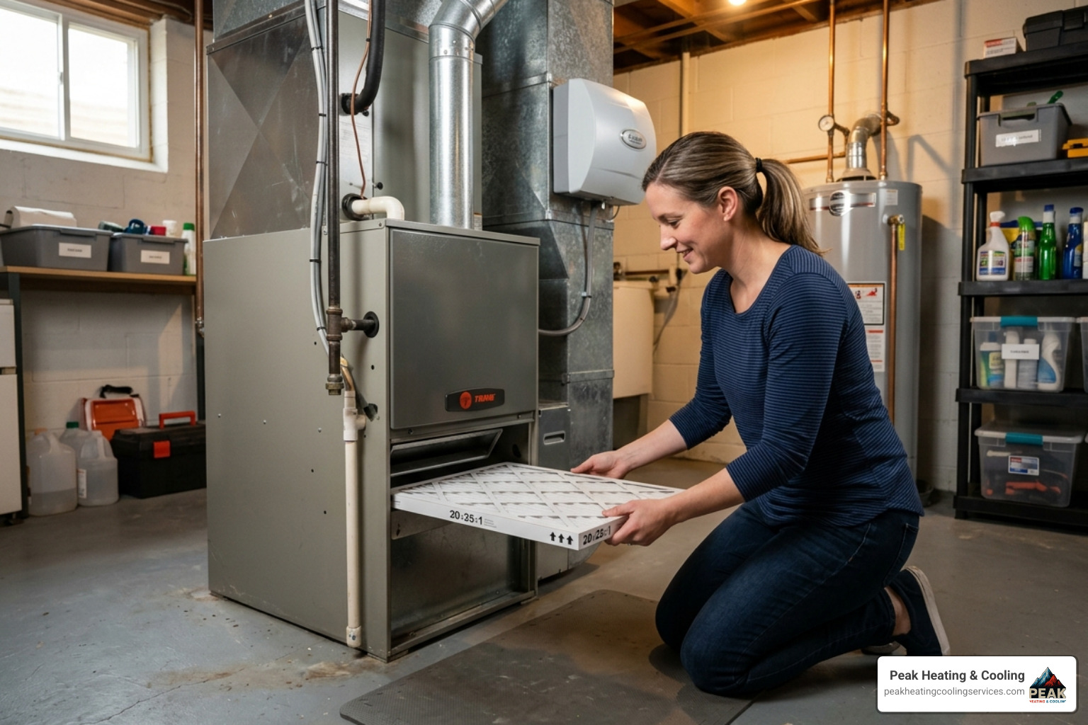 A homeowner in a clean Glenview utility room carefully sliding a new air filter into a furnace intake slot - furnace A homeowner in a clean Glenview utility room carefully sliding a new air filter into a furnace intake slot - furnace