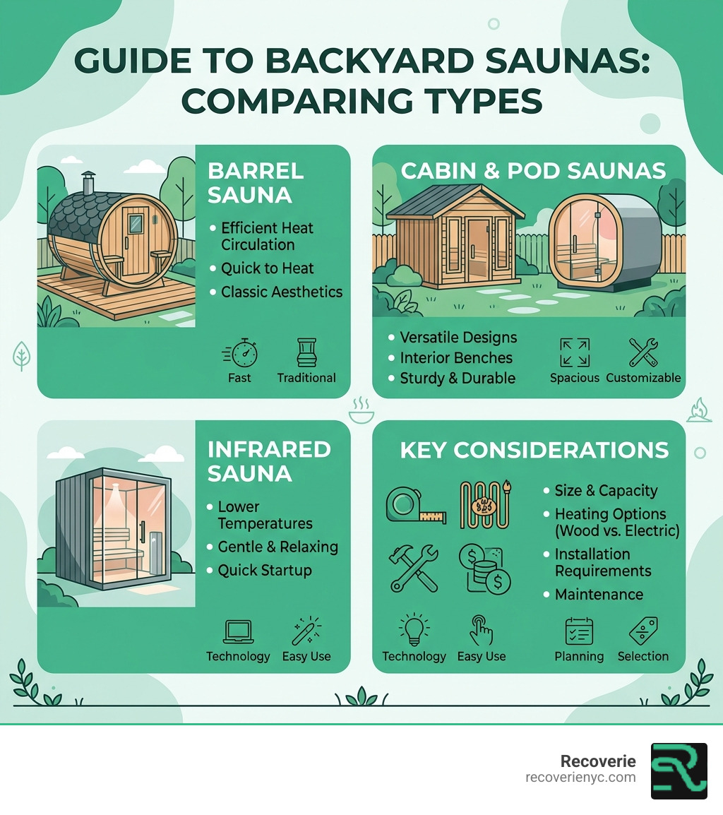 Types of outdoor saunas comparison infographic showing barrel, cabin, cube, pod, and infrared styles - best backyard sauna