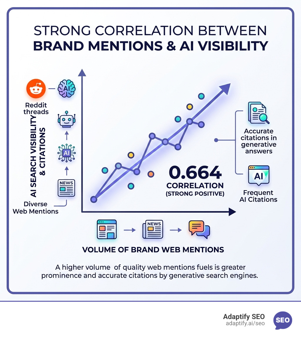 Infographic showing the correlation between brand web mentions and AI visibility (0.664 correlation) - benefits of