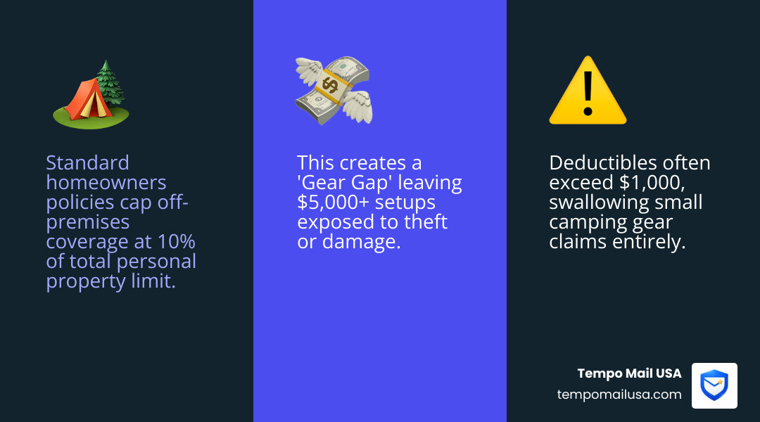 Infographic showing the gear gap between homeowners policy limits and specialized camping equipment coverage costs - Camping