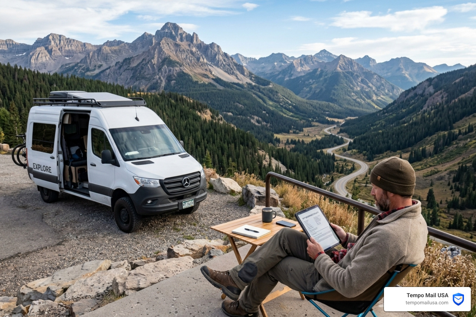 Camper reviewing insurance documents at a scenic overlook - Camping Gear Insurance Coverage Cost