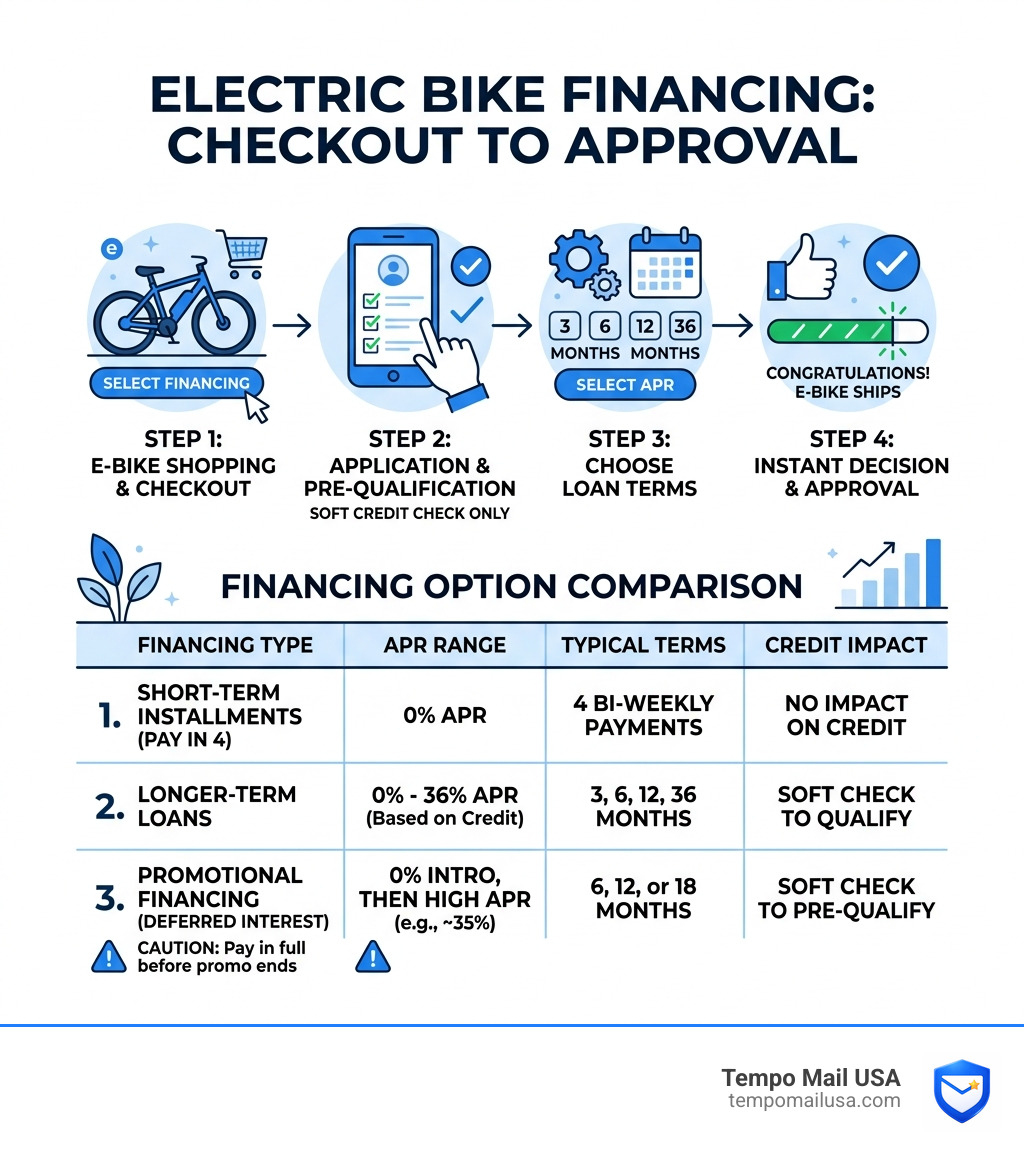 Infographic showing e-bike financing application process from checkout to approval with APR ranges and provider comparison Infographic showing e-bike financing application process from checkout to approval with APR ranges and provider comparison