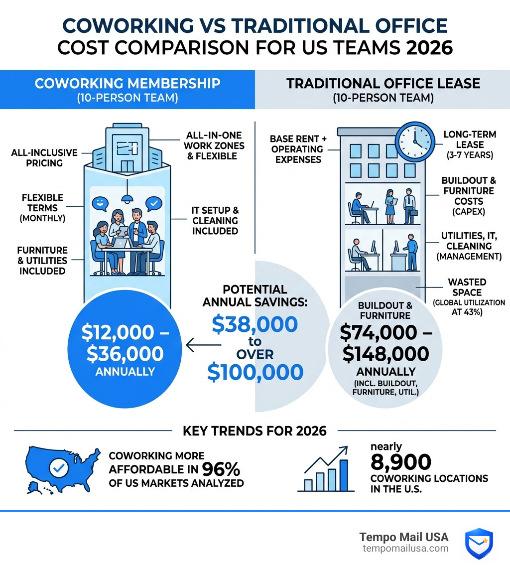 Coworking vs traditional office cost comparison infographic for US teams 2026 - Coworking Space Lease Pricing Comparison USA Coworking vs traditional office cost comparison infographic for US teams 2026 - Coworking Space Lease Pricing Comparison USA