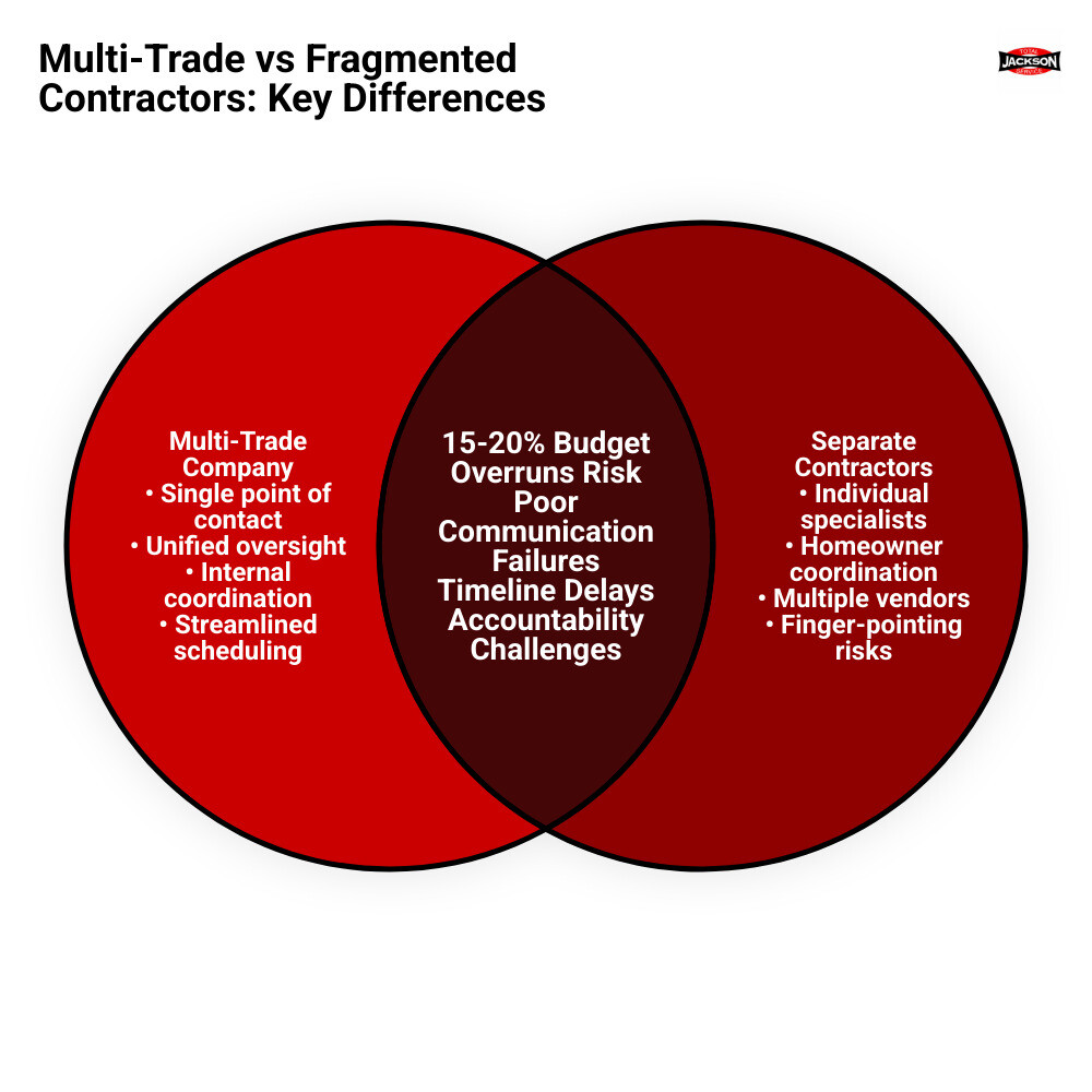 Infographic comparing multi-trade vs fragmented contractor workflow: timeline, communication, accountability, and cost Infographic comparing multi-trade vs fragmented contractor workflow: timeline, communication, accountability, and cost