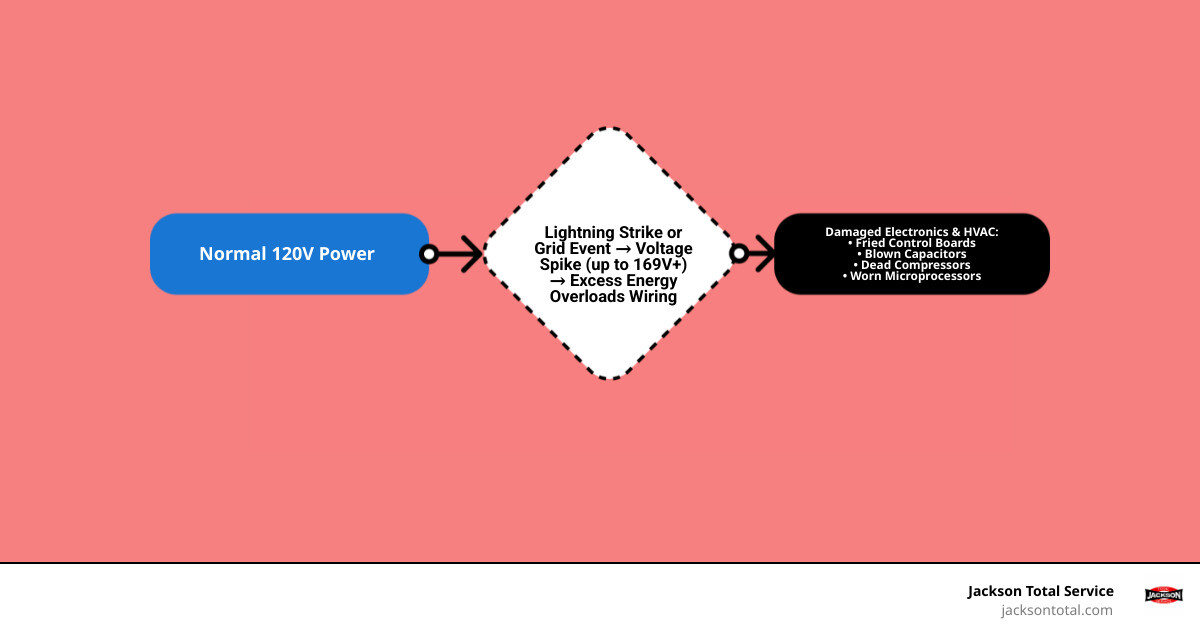 infographic showing the path of a power surge through home wiring to electronics and HVAC components - how power surges