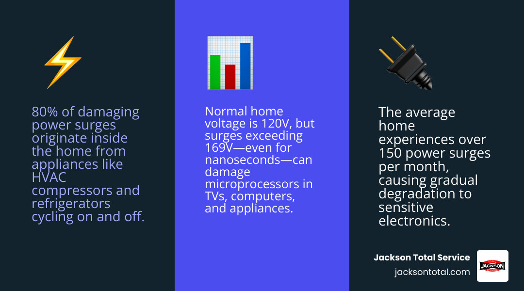 infographic showing normal home voltage 120V vs damaging surge threshold above 169V with internal and external surge sources infographic showing normal home voltage 120V vs damaging surge threshold above 169V with internal and external surge sources