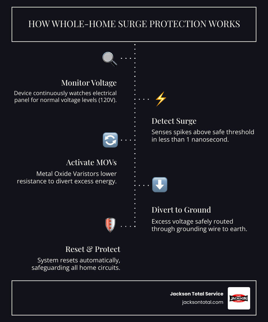 Infographic showing the path of a power surge from lightning strike through power lines into a home's electrical panel and Infographic showing the path of a power surge from lightning strike through power lines into a home's electrical panel and