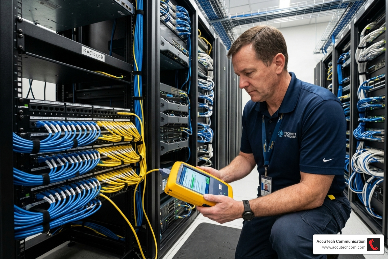 Technician using a cable certification tester on a new installation - structured cabling services Boston Technician using a cable certification tester on a new installation - structured cabling services Boston