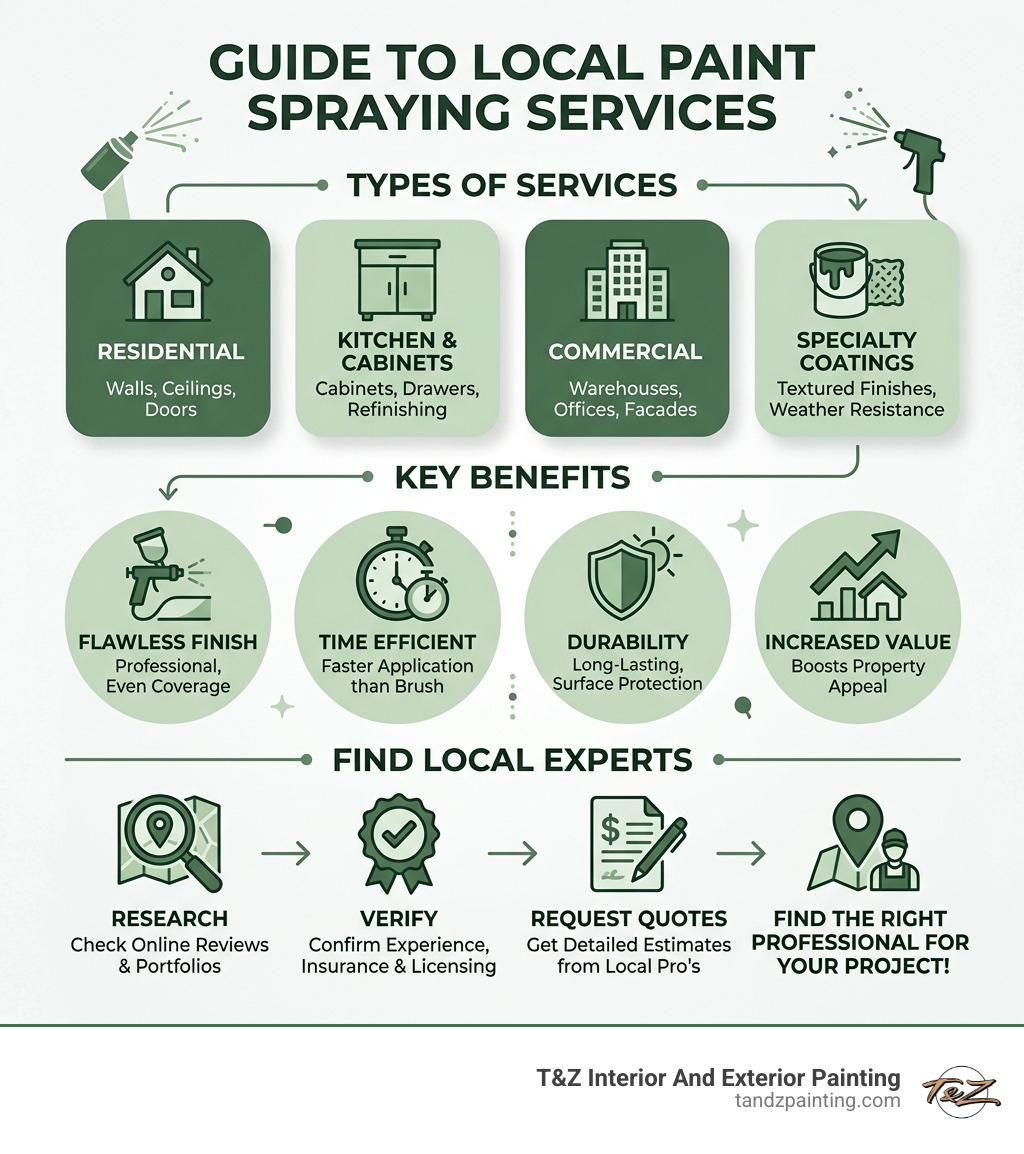 Infographic showing types of paint spraying services, key benefits, and how to find local experts - paint spraying services
