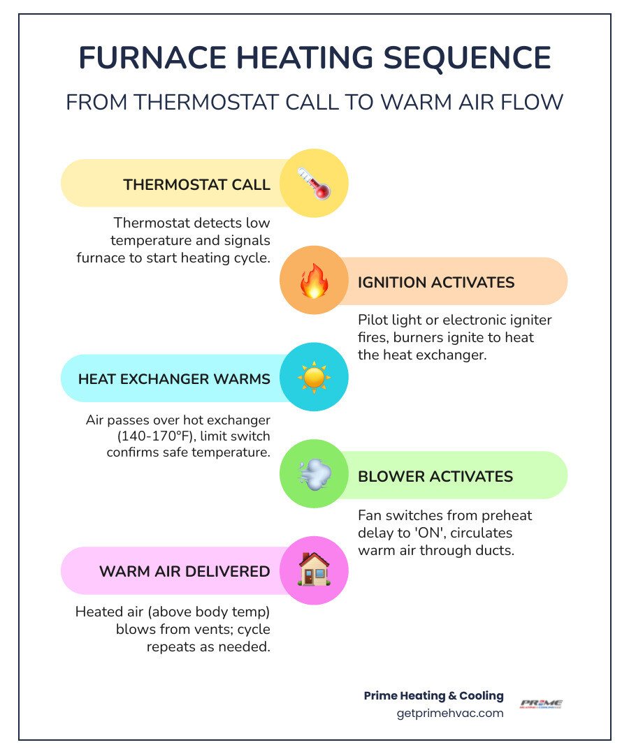 Furnace heating sequence from ignition to blower activation infographic - furnace blowing cold air infographic