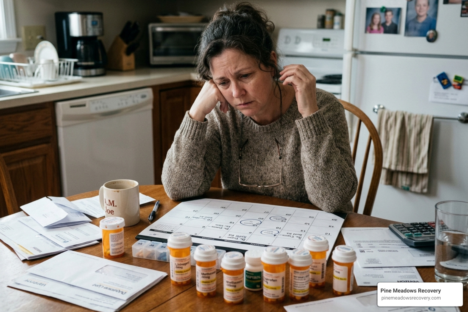 Someone looking at a calendar and medication, managing daily responsibilities while feeling overwhelmed - Partial