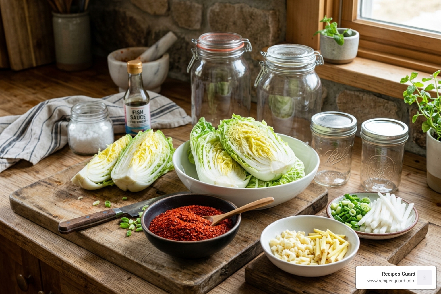 prepped kimchi ingredients including cabbage, gochugaru, and glass jars - process of making kimchi
