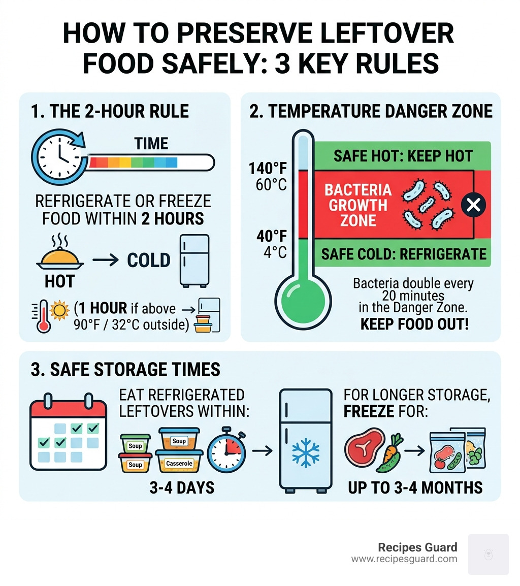 Infographic showing the 2-hour rule, temperature danger zone, and safe storage times for leftovers - how to preserve