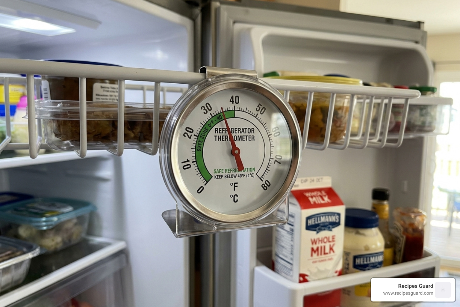 Refrigerator thermometer showing the safe zone at 40 degrees Fahrenheit or below - how to preserve leftover food