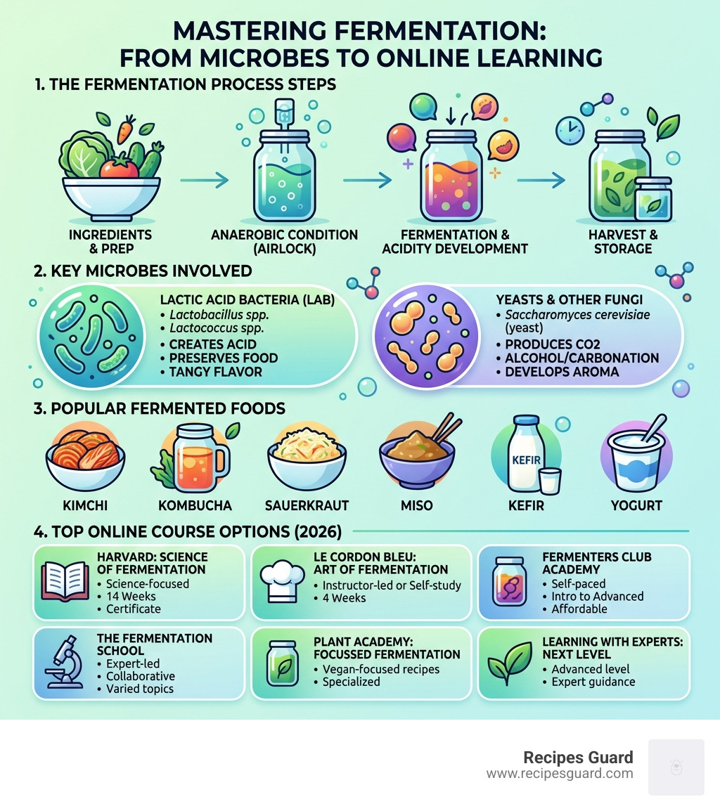 Infographic showing fermentation process steps, microbes involved, popular fermented foods, and top course options - online Infographic showing fermentation process steps, microbes involved, popular fermented foods, and top course options - online