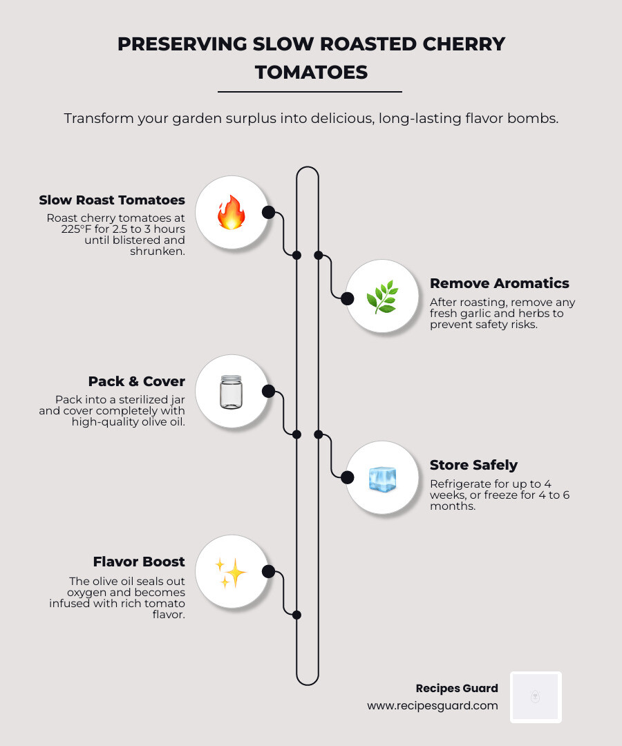 Infographic showing the slow-roasting and olive oil packing process for preserving cherry tomatoes - slow roasted cherry