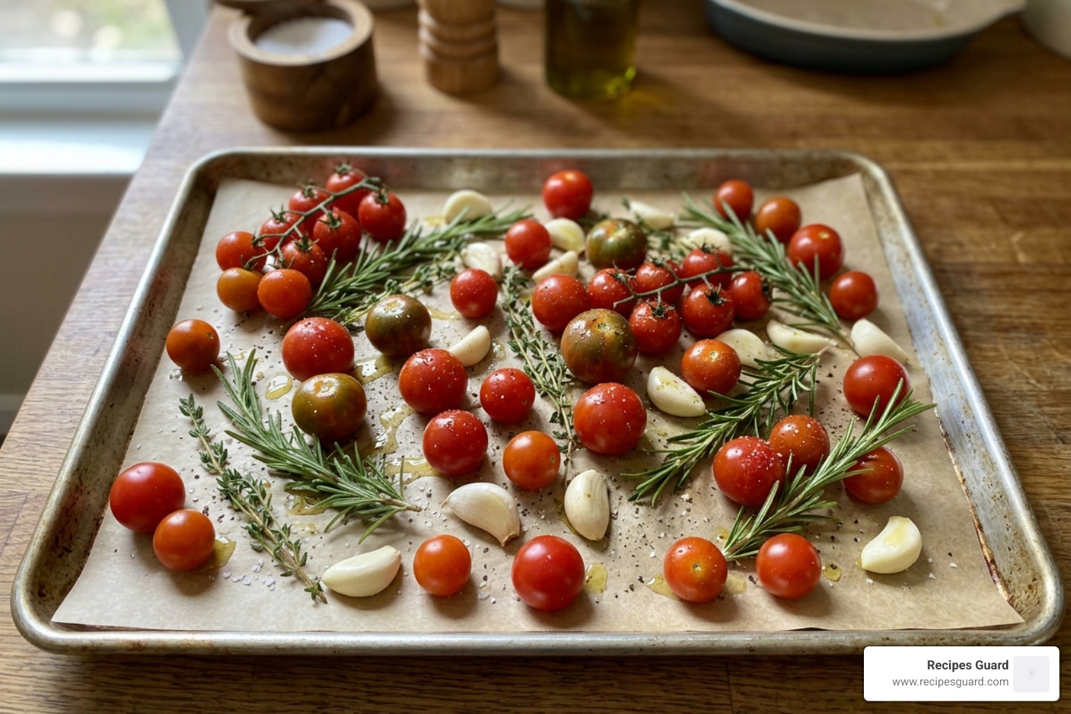 Fresh cherry tomatoes, garlic, and herbs spread on a baking sheet before roasting - slow roasted cherry tomatoes preserved
