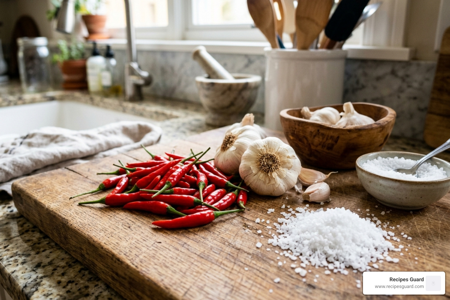Fresh red Thai chiles, garlic, and sea salt ready for processing - fermented sambal oelek recipe