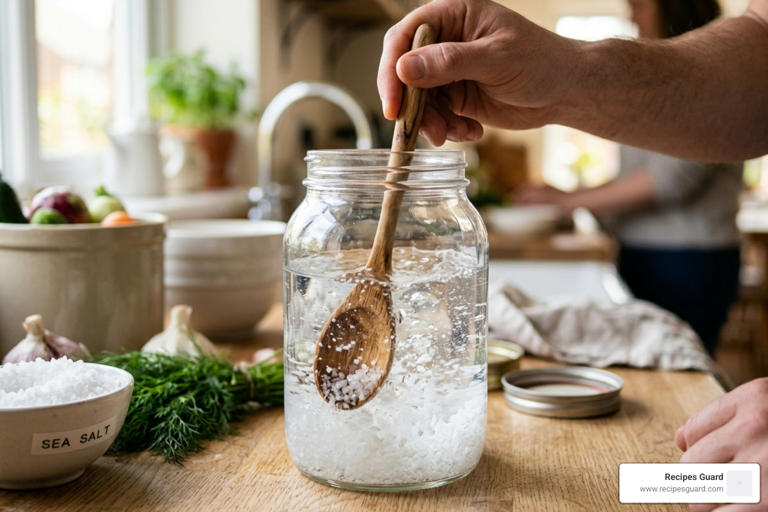 sea salt being dissolved in filtered water for fermentation brine - fermented carrot sticks