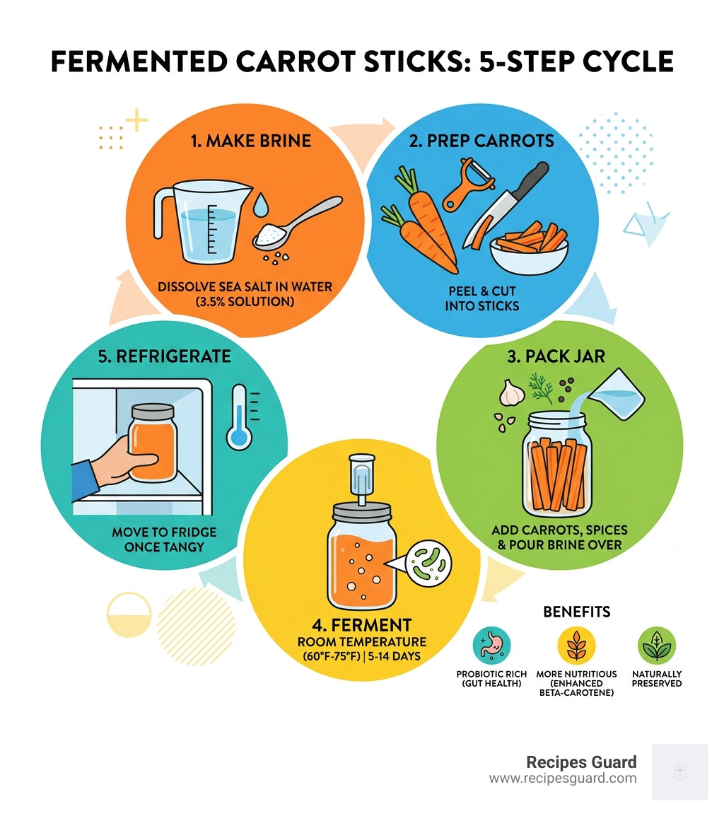 5-step fermented carrot sticks fermentation cycle infographic from prep to refrigeration - fermented carrot sticks