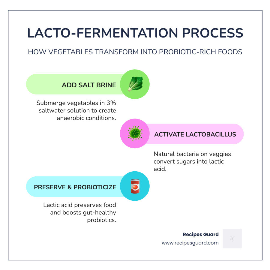 Infographic showing lacto-fermentation process: vegetables + salt brine → Lactobacillus bacteria → lactic acid → preserved