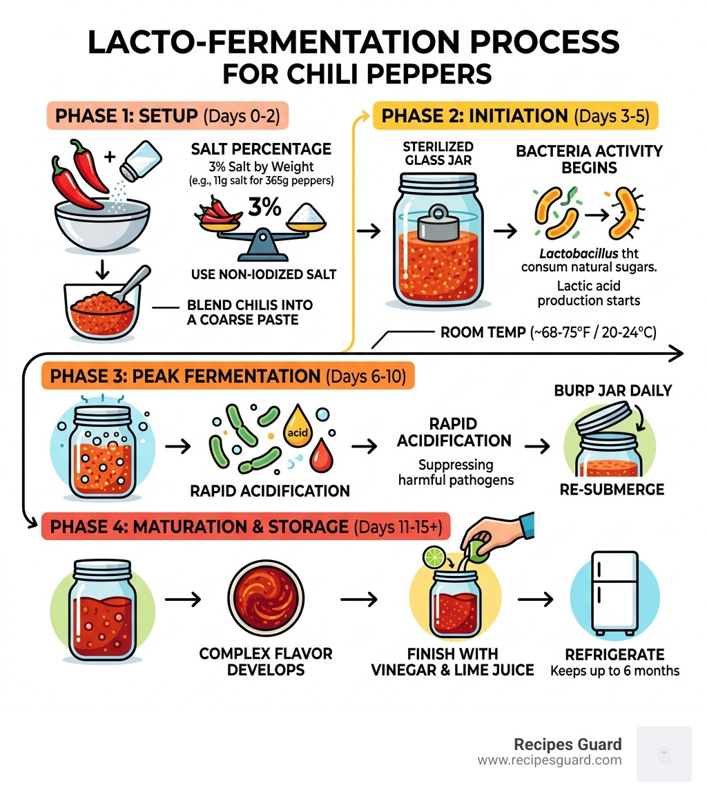 Lacto-fermentation process for chili peppers: salt percentage, bacteria activity, and timeline - fermented sambal oelek
