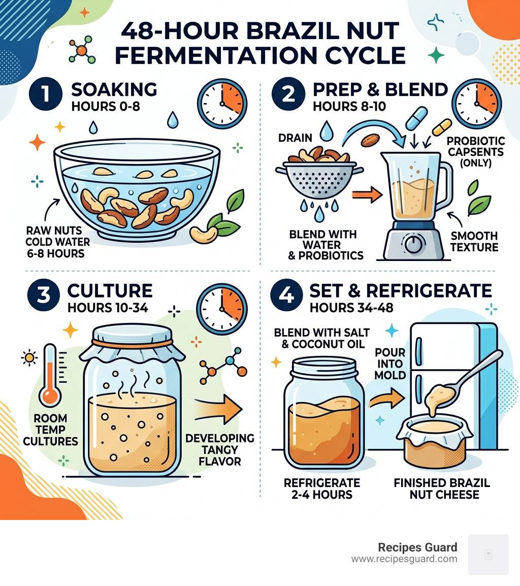 48-hour Brazil nut fermentation cycle from soaking to finished cheese infographic - brazil nut ferment recipe infographic 