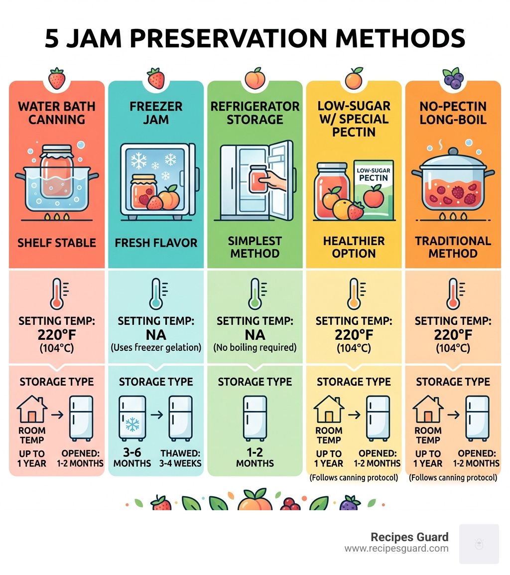 Infographic showing 5 jam preservation methods, setting temperatures, and shelf life by storage type - preserving jam
