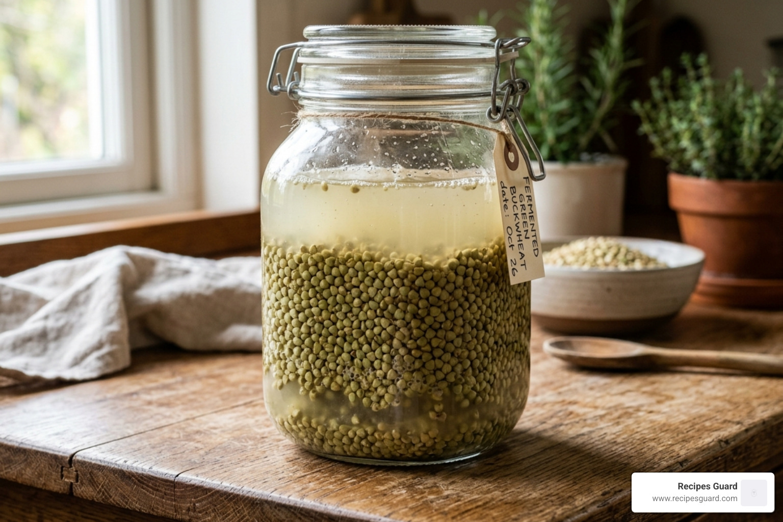 Fermentation jar with green buckwheat, water, and a splash of whey on a wooden counter - buckwheat fermentation probiotic