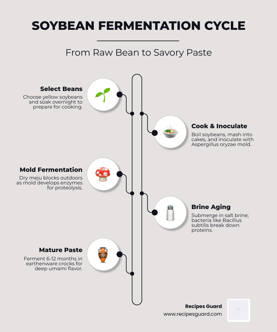 infographic showing soybean fermentation cycle from raw bean to finished paste - fermented soy bean sauce infographic