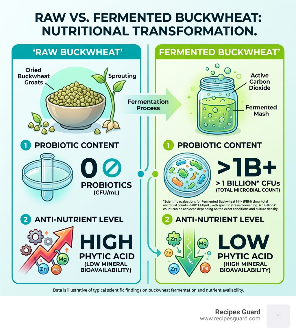 Table comparing raw vs fermented buckwheat: Raw has 0 probiotics and high phytic acid; Fermented has 1 billion+ CFUs and low