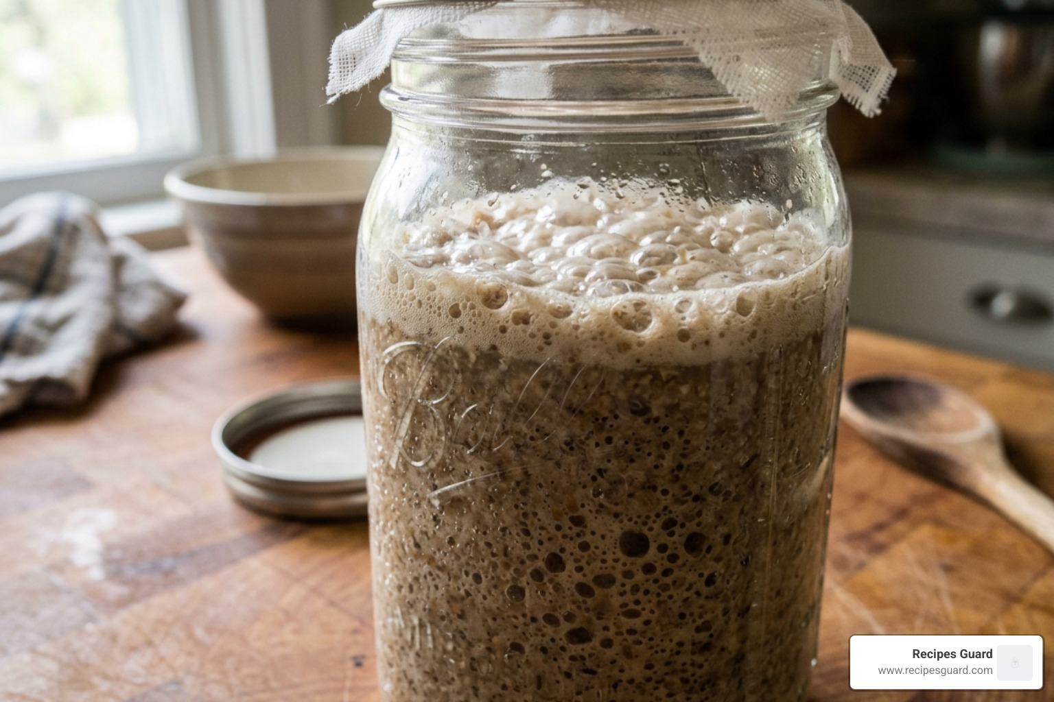 Bubbling fermented buckwheat mash in a glass jar showing active carbon dioxide bubbles - buckwheat fermentation probiotic