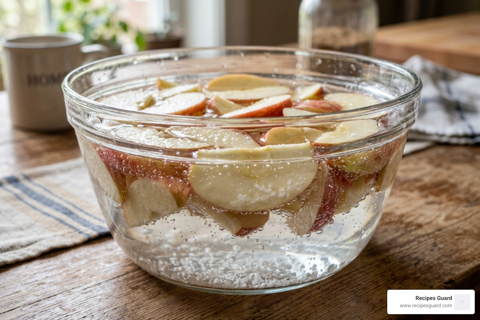 sliced apples in a salt water soak - how to preserve apples slices