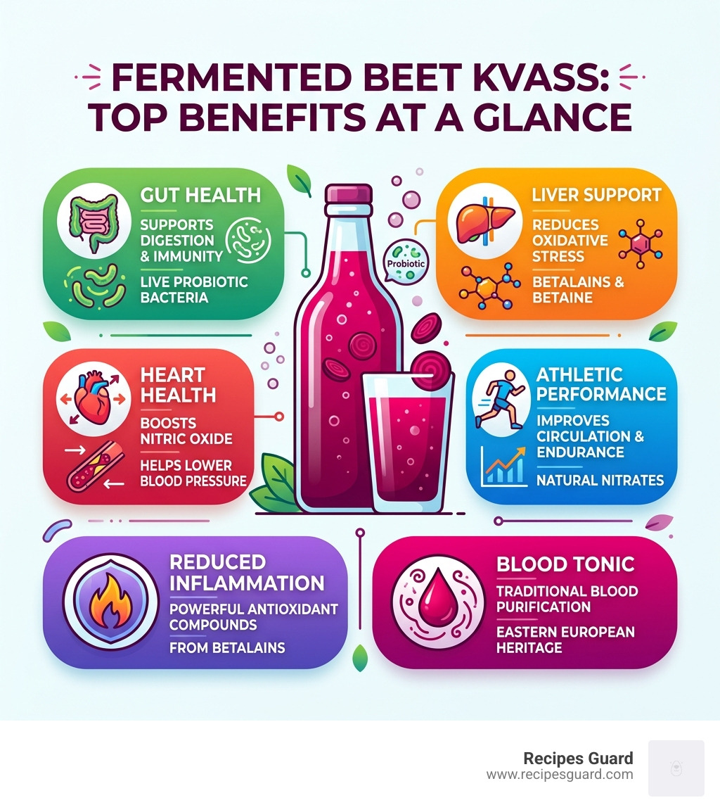 infographic showing key fermented beet kvass benefits gut liver heart performance nutrition at a glance - fermented beet