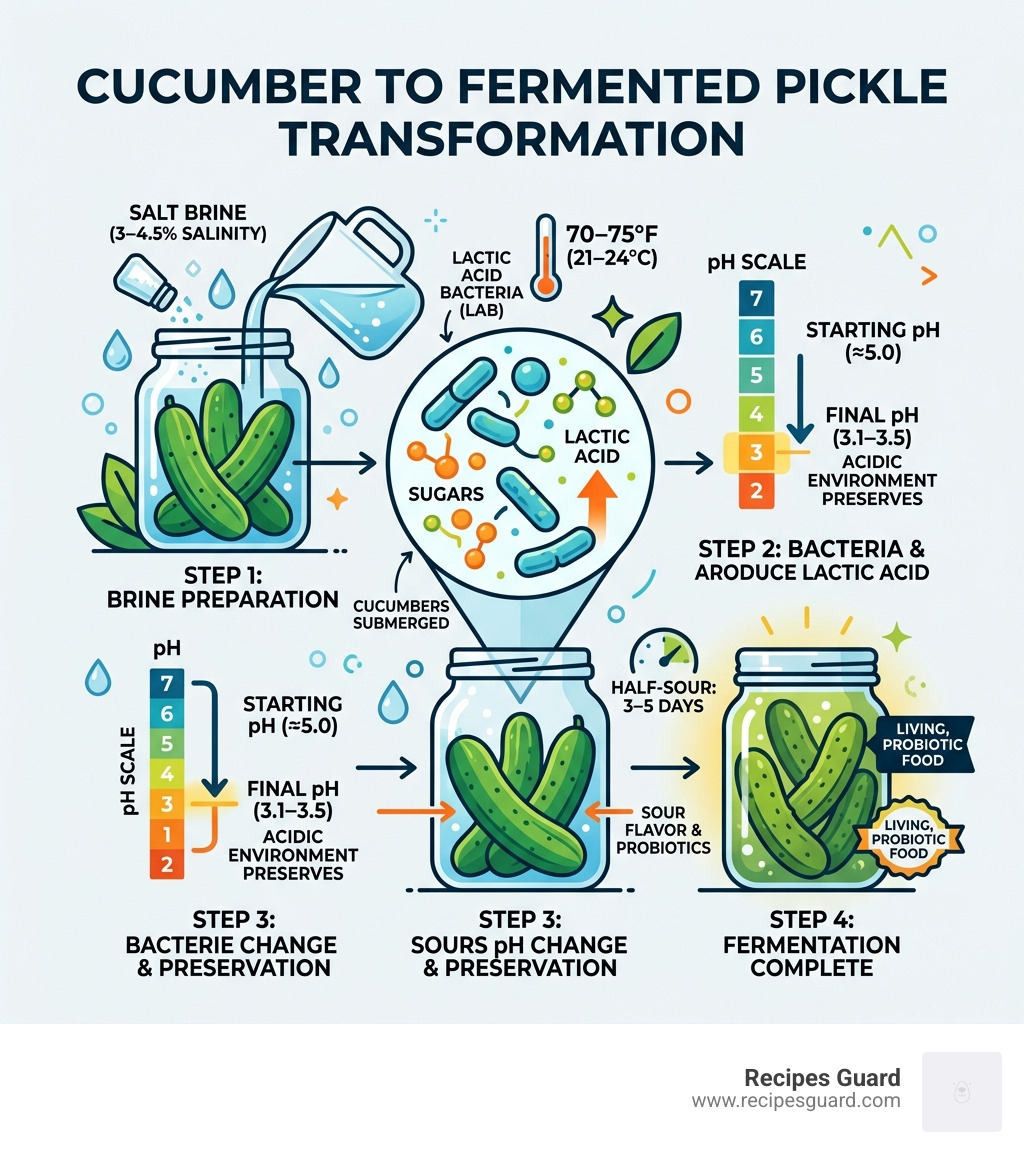 Infographic: cucumber to fermented pickle transformation showing brine, bacteria, lactic acid, and pH stages - fermentation