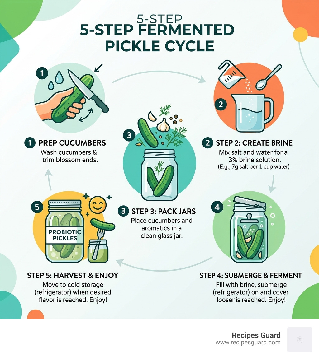5-step fermented pickle cycle from brine to probiotic jar - fermented pickles infographic 5-step fermented pickle cycle from brine to probiotic jar - fermented pickles infographic