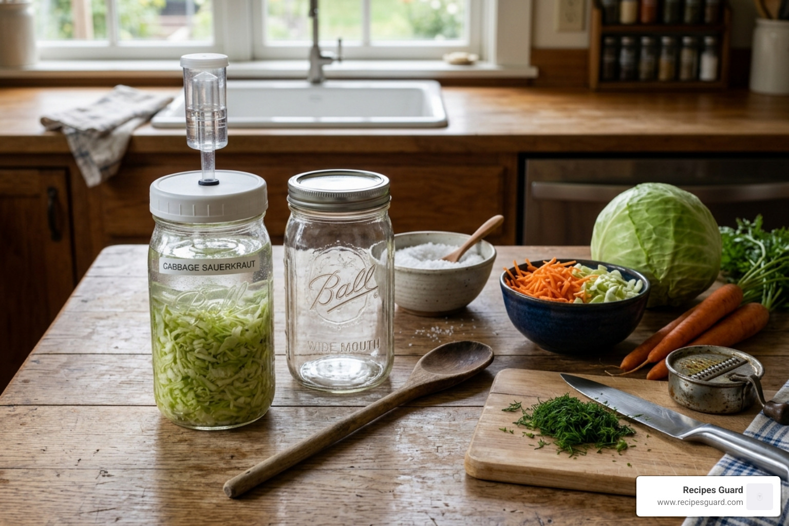 Basic kitchen tools for fermentation: glass jars, sea salt, wooden spoon, and fresh vegetables - fermented vegetable recipes