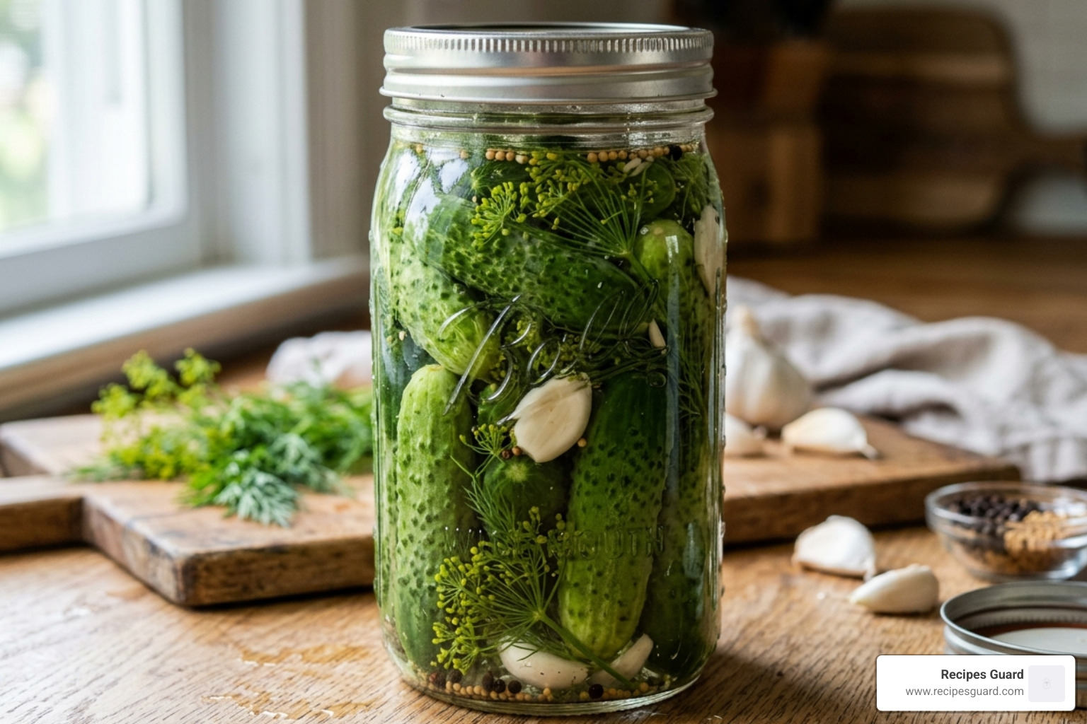 cucumbers tightly packed with dill and garlic in a glass jar - fermentation in pickle
