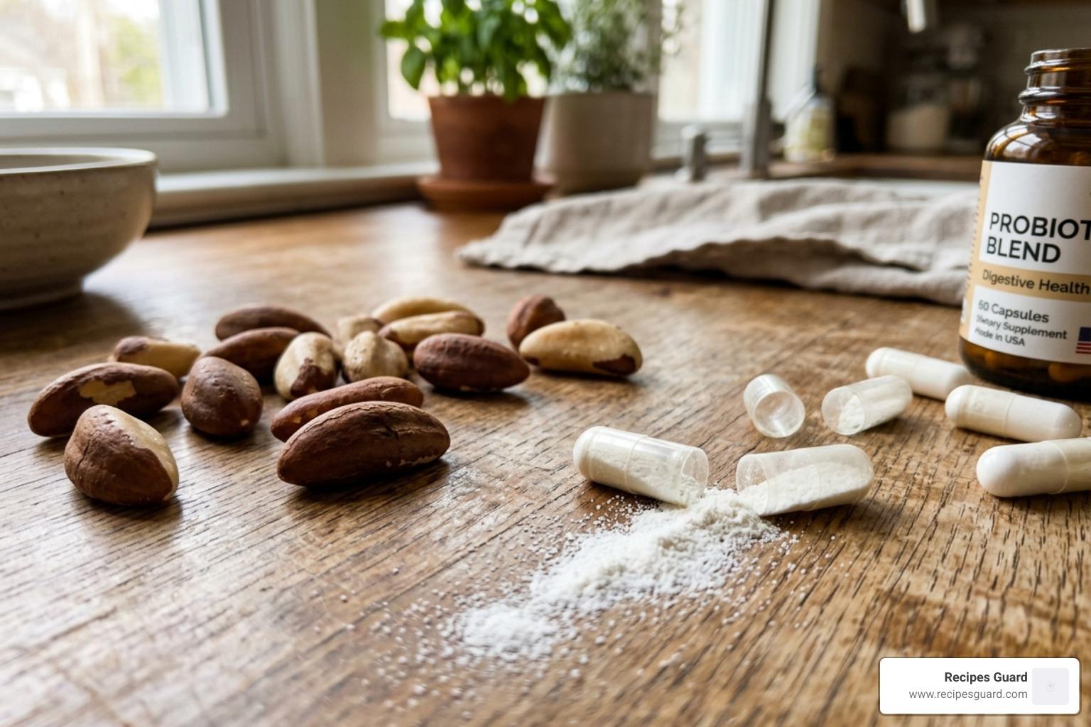Raw Brazil nuts and probiotic capsules on a kitchen counter - brazil nut ferment recipe