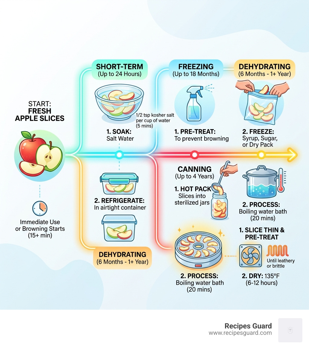 timeline infographic from fresh apple slices to frozen, canned, and dehydrated preservation methods - how to preserve apples