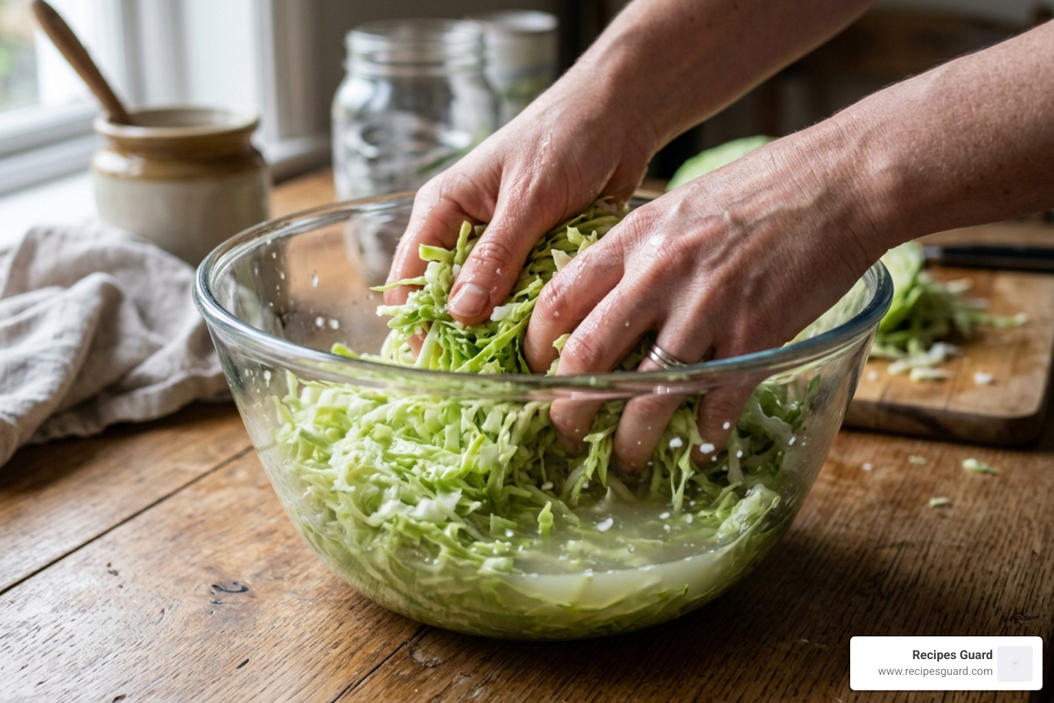 Shredded cabbage being massaged by hand to release natural brine - caraway sauerkraut recipe