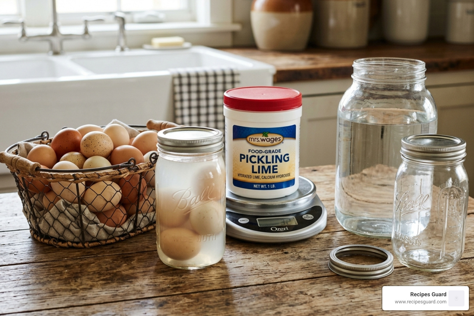 Supplies for egg water glassing including pickling lime and glass mason jars - egg water glassing