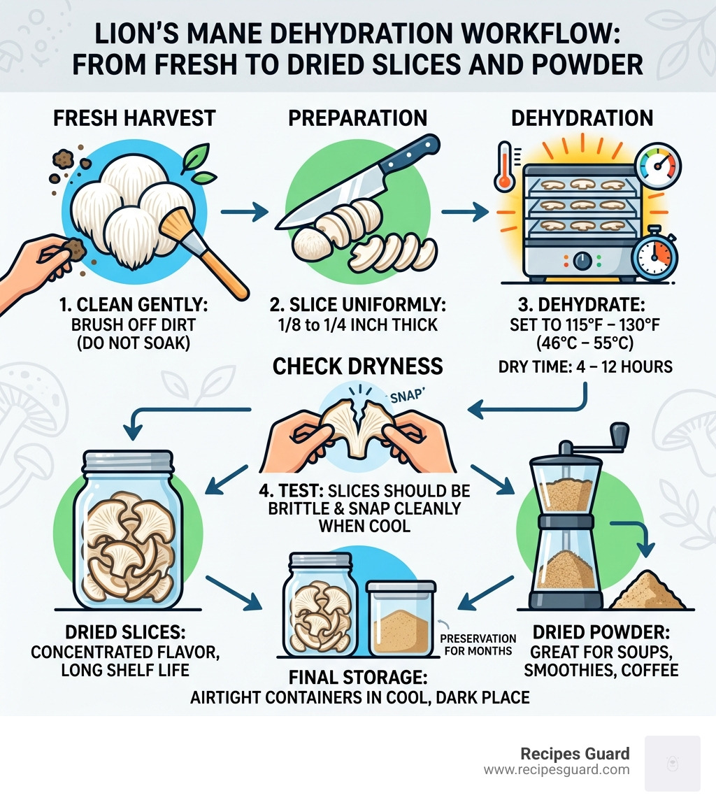 Lion's Mane dehydration workflow from fresh mushroom to dried slices and powder - dehydrating lion's mane infographic 