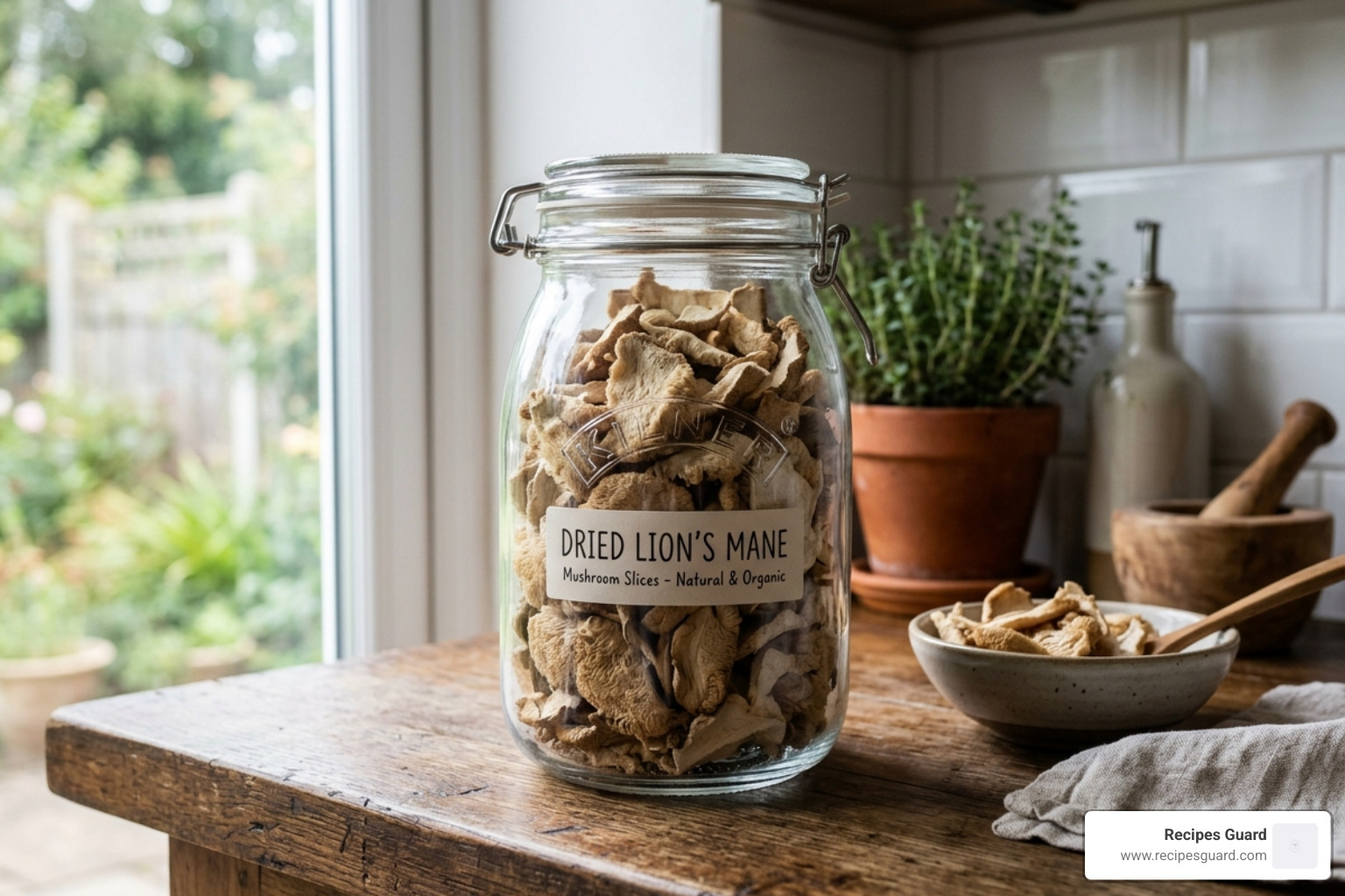 dried lion's mane mushroom slices stored in a glass jar - dehydrating lion's mane